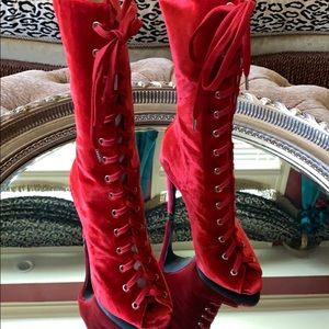 Red velvet designer boots